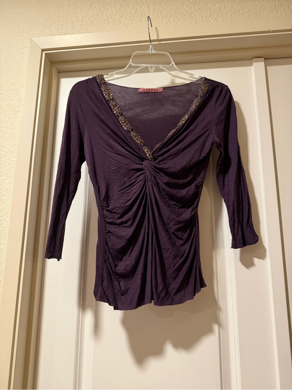 Velvet Embellished V-Neck Ruched Purple 3/4 Sleeve Size S